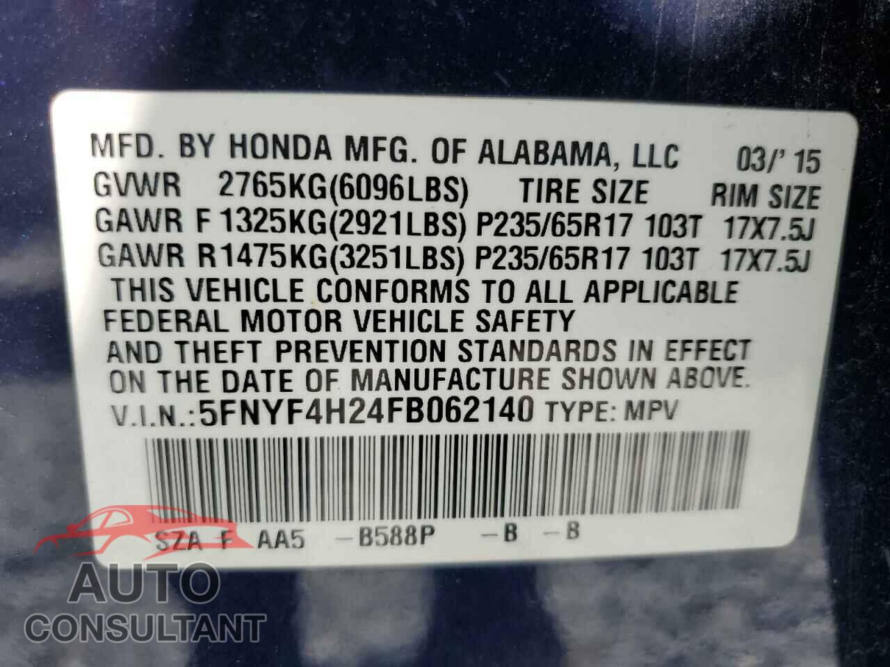 HONDA PILOT 2015 - 5FNYF4H24FB062140