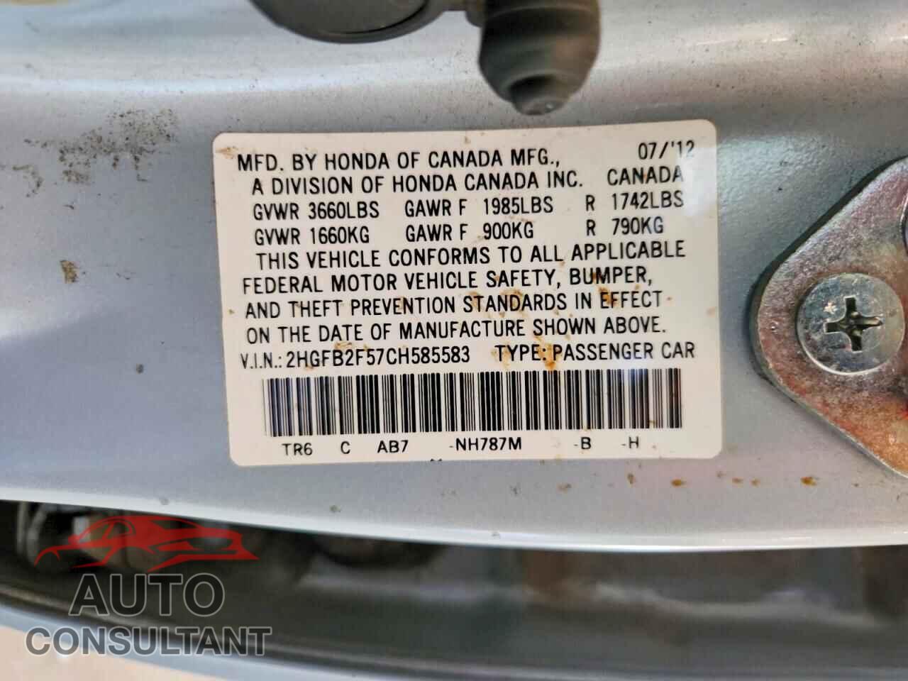 HONDA CIVIC 2012 - 2HGFB2F57CH585583