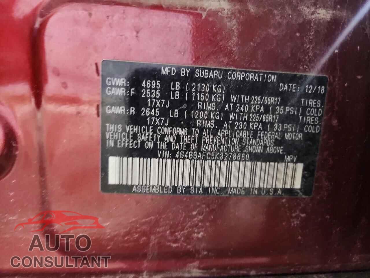 SUBARU OUTBACK 2019 - 4S4BSAFC5K3278660