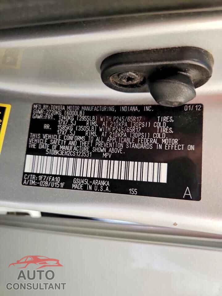 TOYOTA HIGHLANDER 2012 - 5TDBK3EH2CS123531