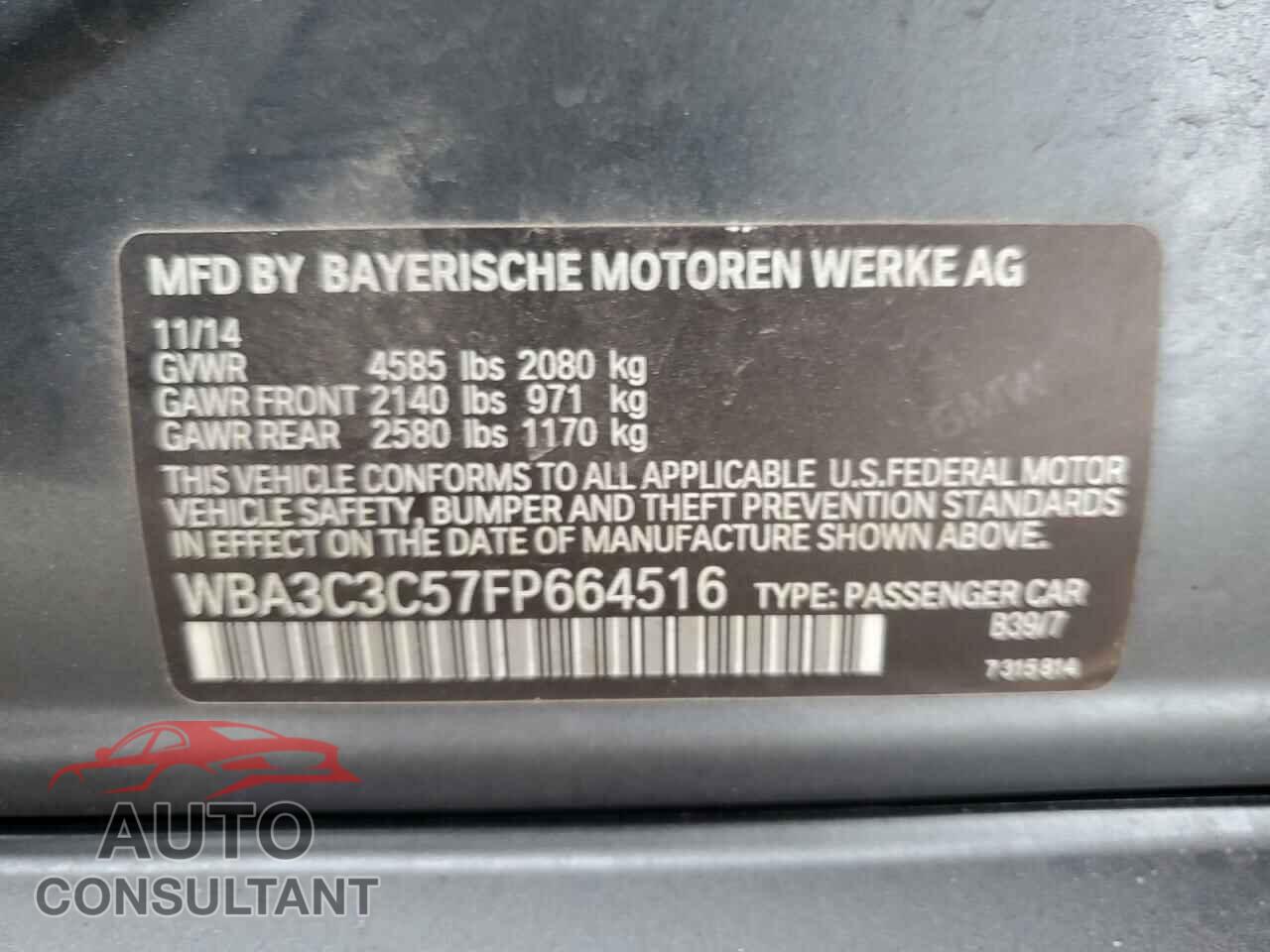 BMW 3 SERIES 2015 - WBA3C3C57FP664516
