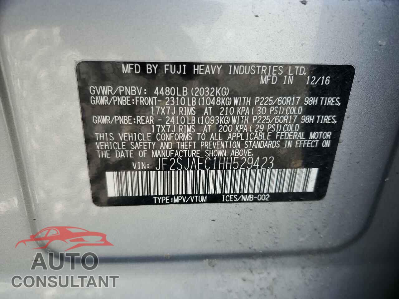 SUBARU FORESTER 2017 - JF2SJAEC1HH529423