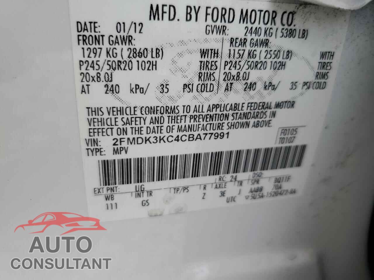 FORD EDGE 2012 - 2FMDK3KC4CBA77991