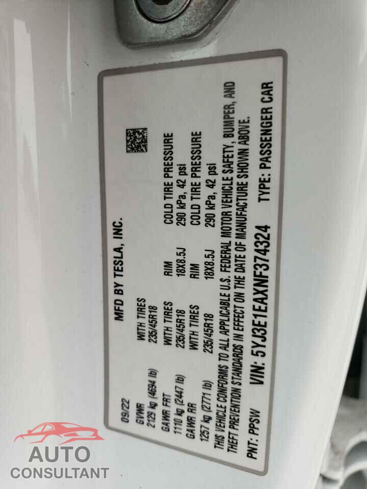 TESLA MODEL 3 2022 - 5YJ3E1EAXNF374324