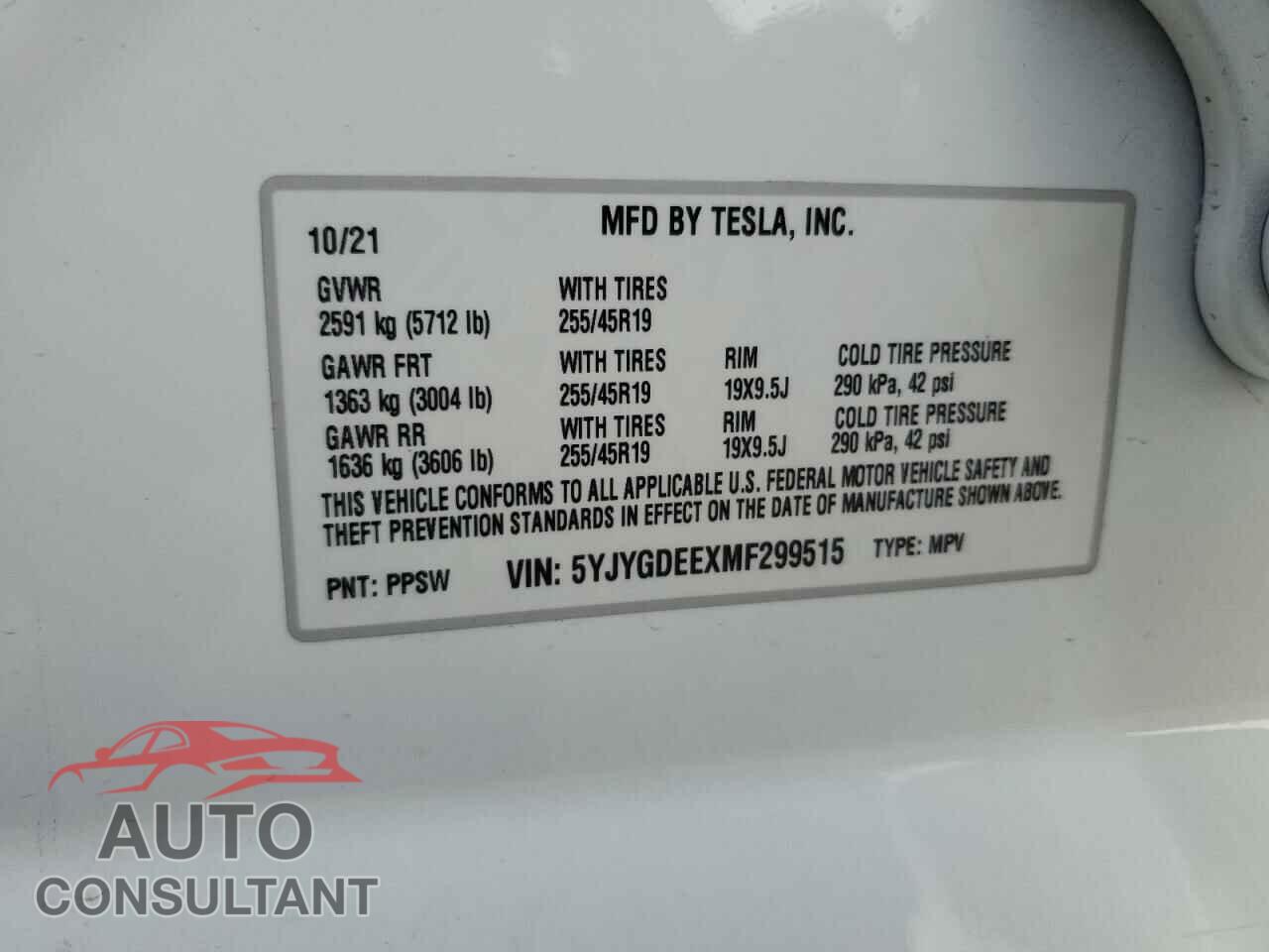 TESLA MODEL Y 2021 - 5YJYGDEEXMF299515