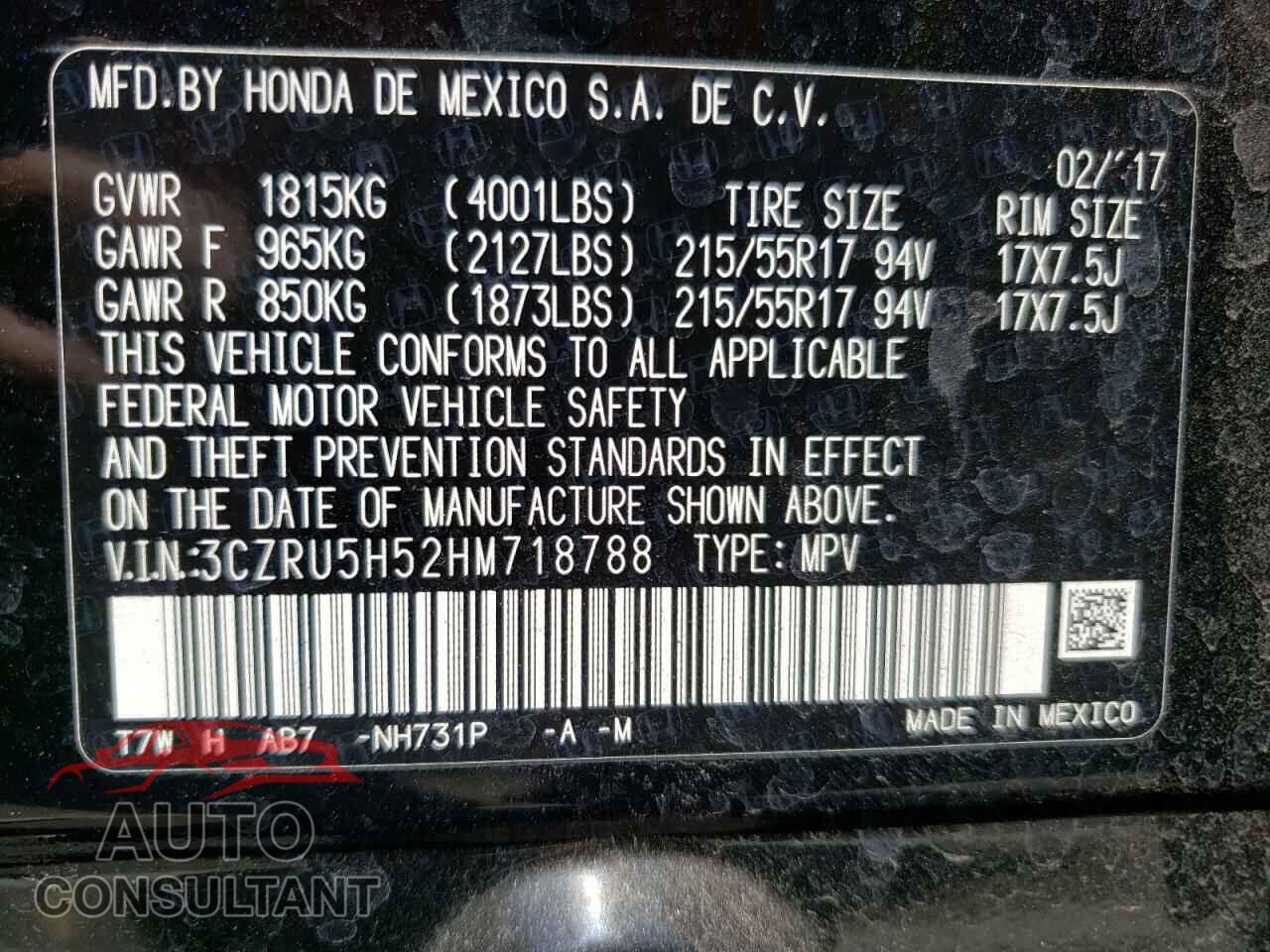 HONDA HR-V 2017 - 3CZRU5H52HM718788