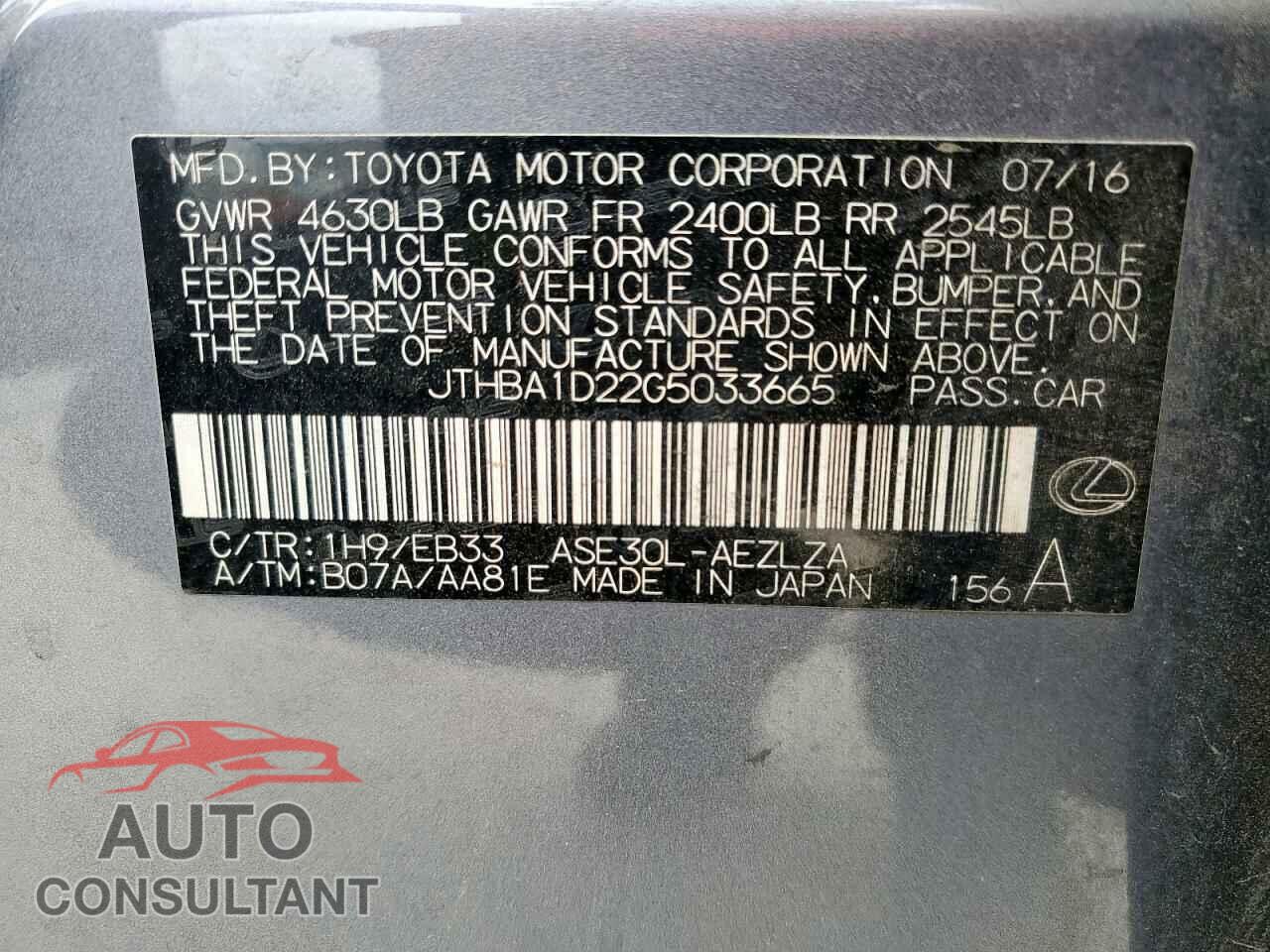 LEXUS IS 2016 - JTHBA1D22G5033665