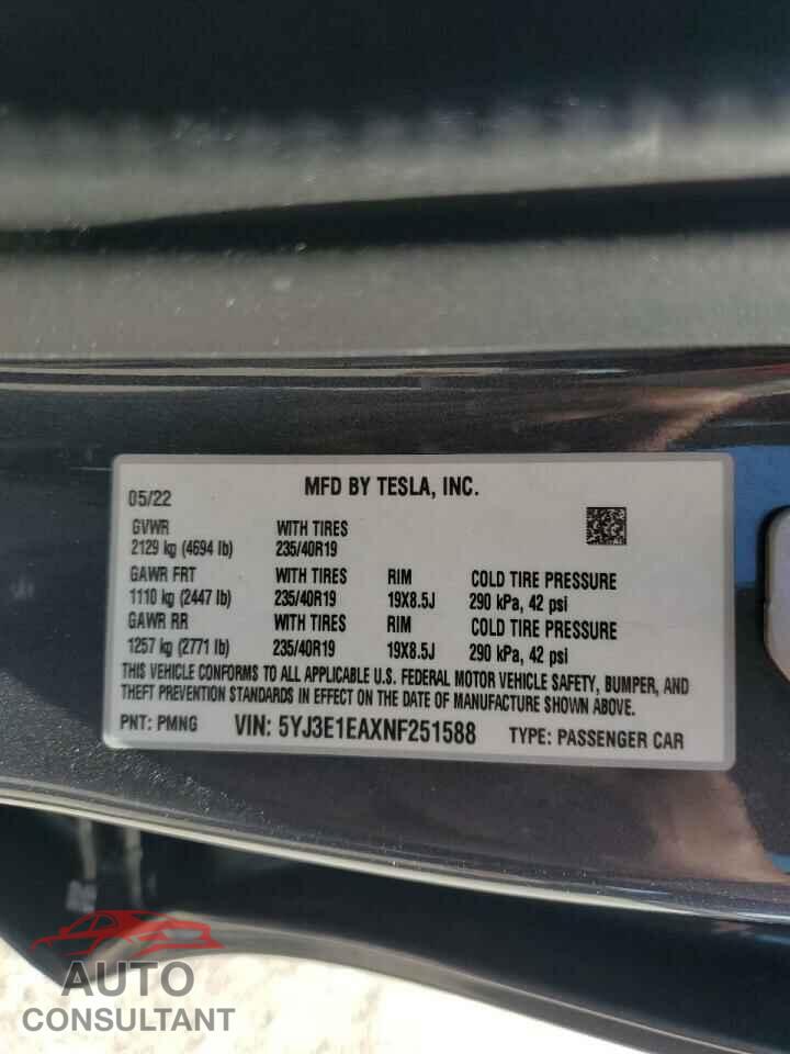 TESLA MODEL 3 2022 - 5YJ3E1EAXNF251588