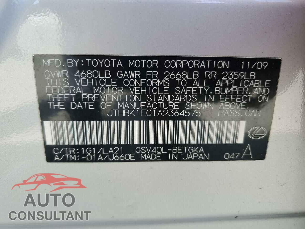 LEXUS ES350 2010 - JTHBK1EG1A2364575