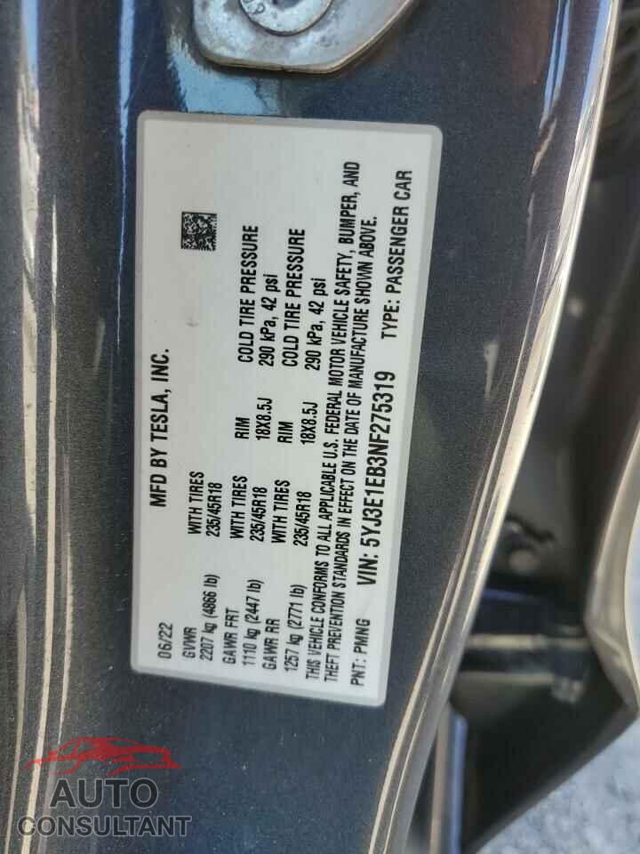 TESLA MODEL 3 2022 - 5YJ3E1EB3NF275319