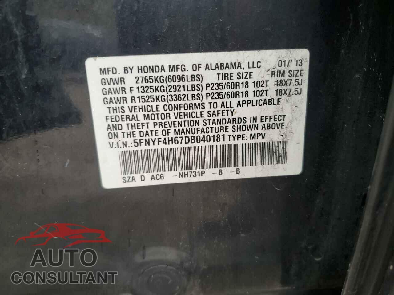 HONDA PILOT 2013 - 5FNYF4H67DB040181