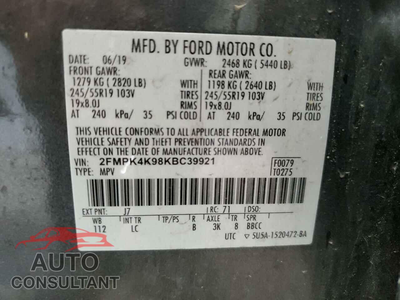 FORD EDGE 2019 - 2FMPK4K98KBC39921