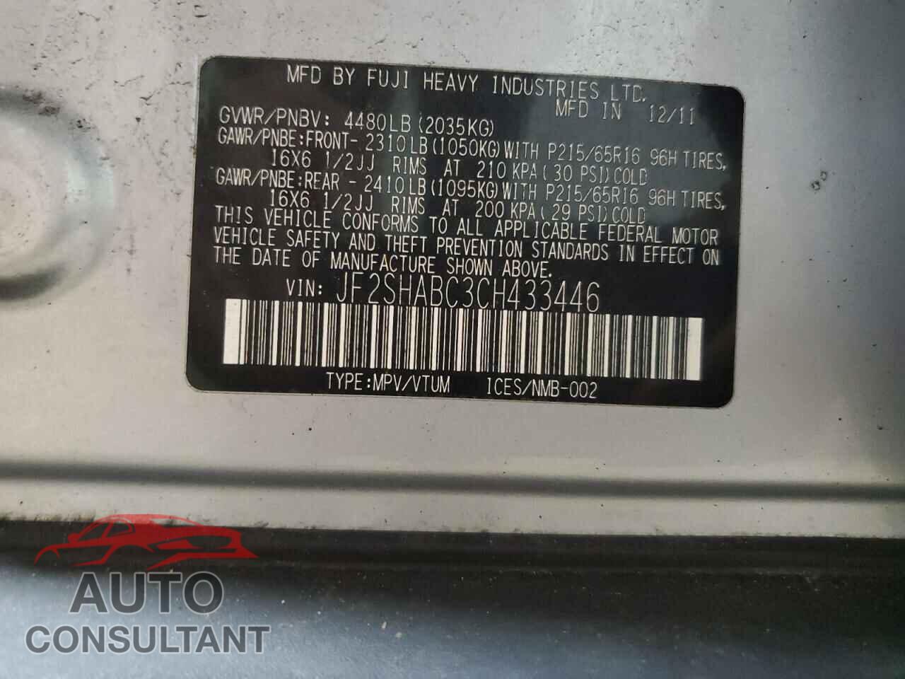 SUBARU FORESTER 2012 - JF2SHABC3CH433446