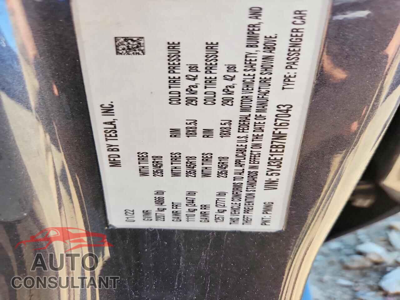 TESLA MODEL 3 2022 - 5YJ3E1EB7NF167043
