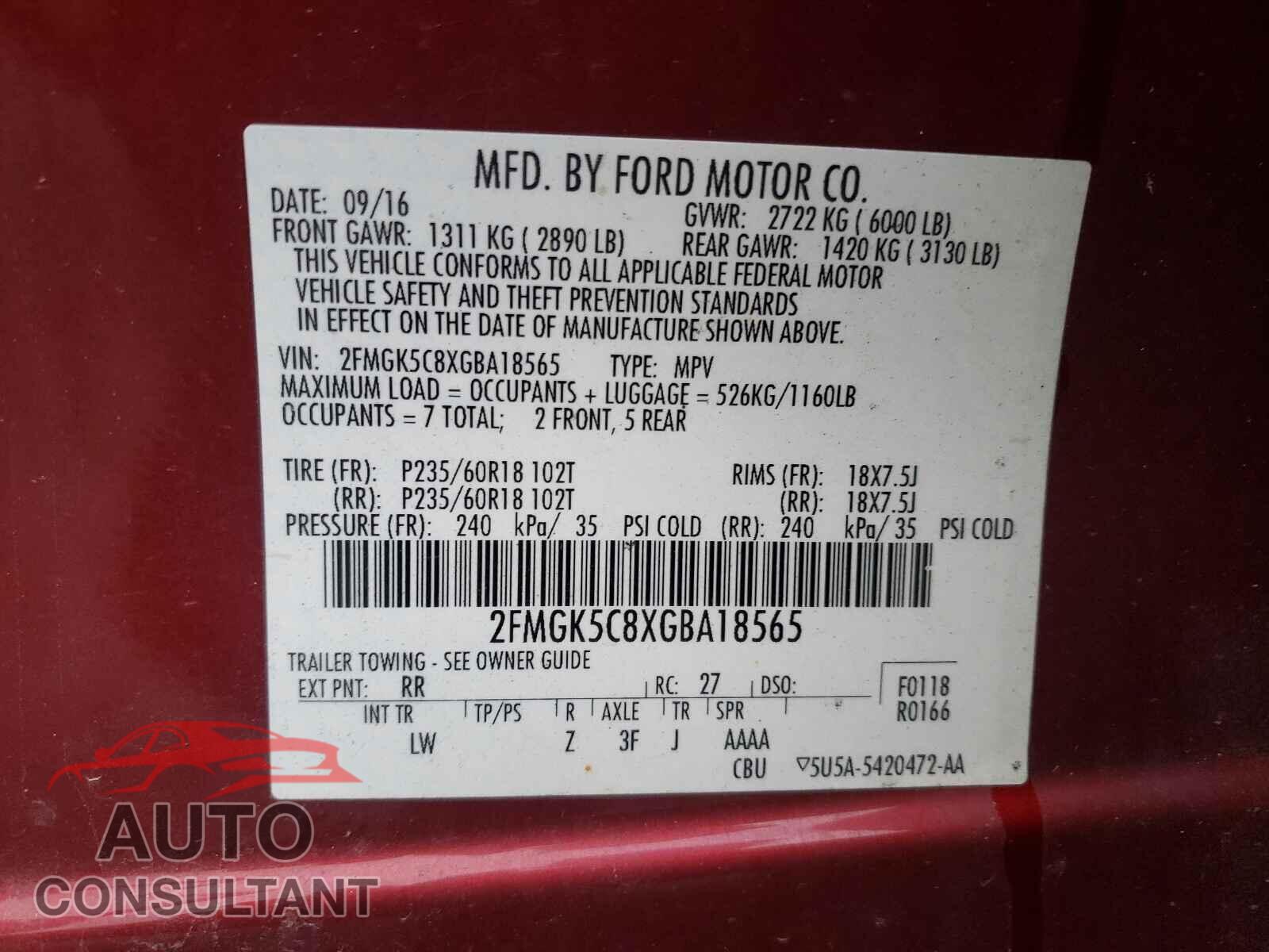FORD FLEX 2016 - 2FMGK5C8XGBA18565