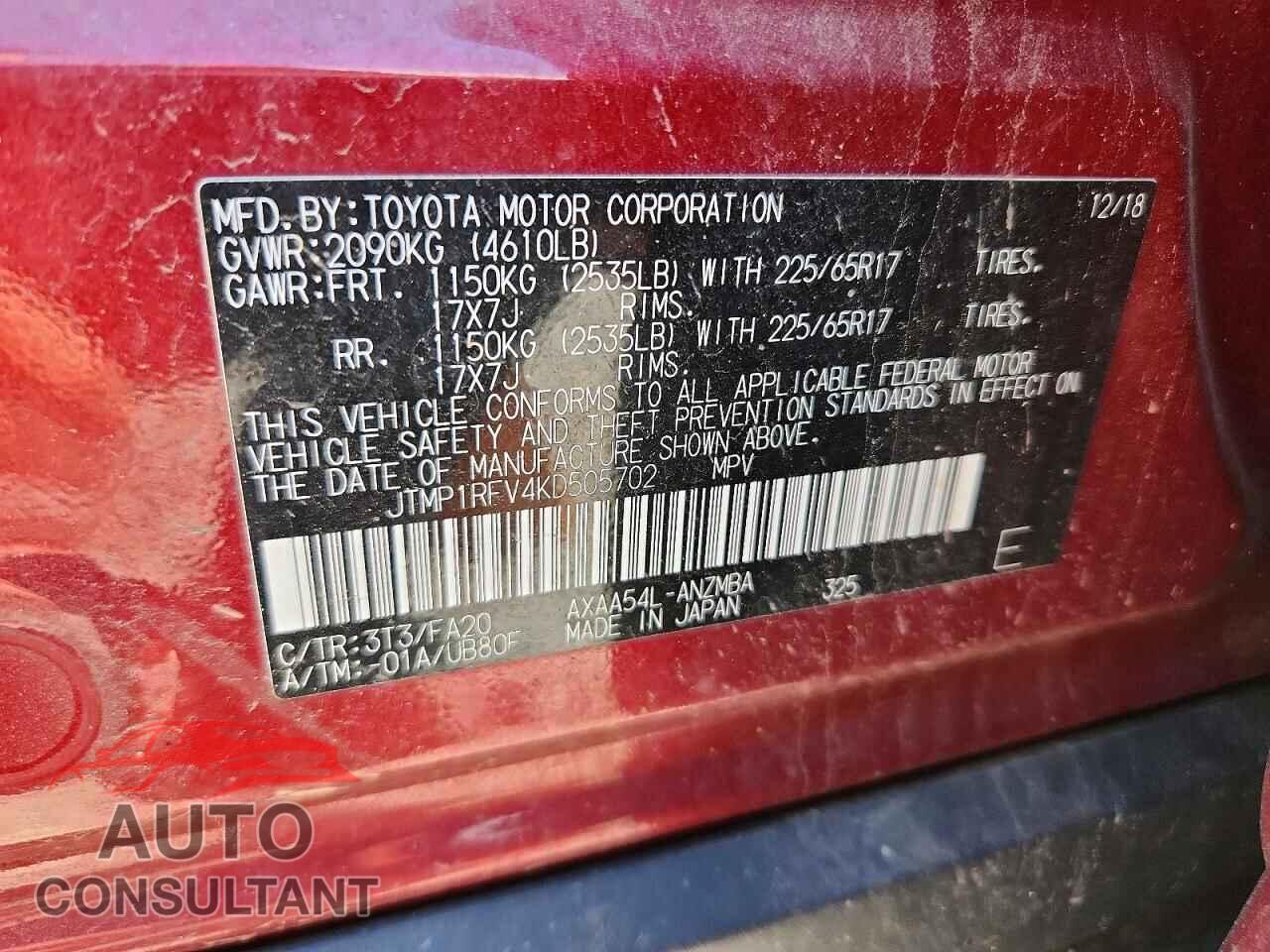 TOYOTA RAV4 2019 - JTMP1RFV4KD505702