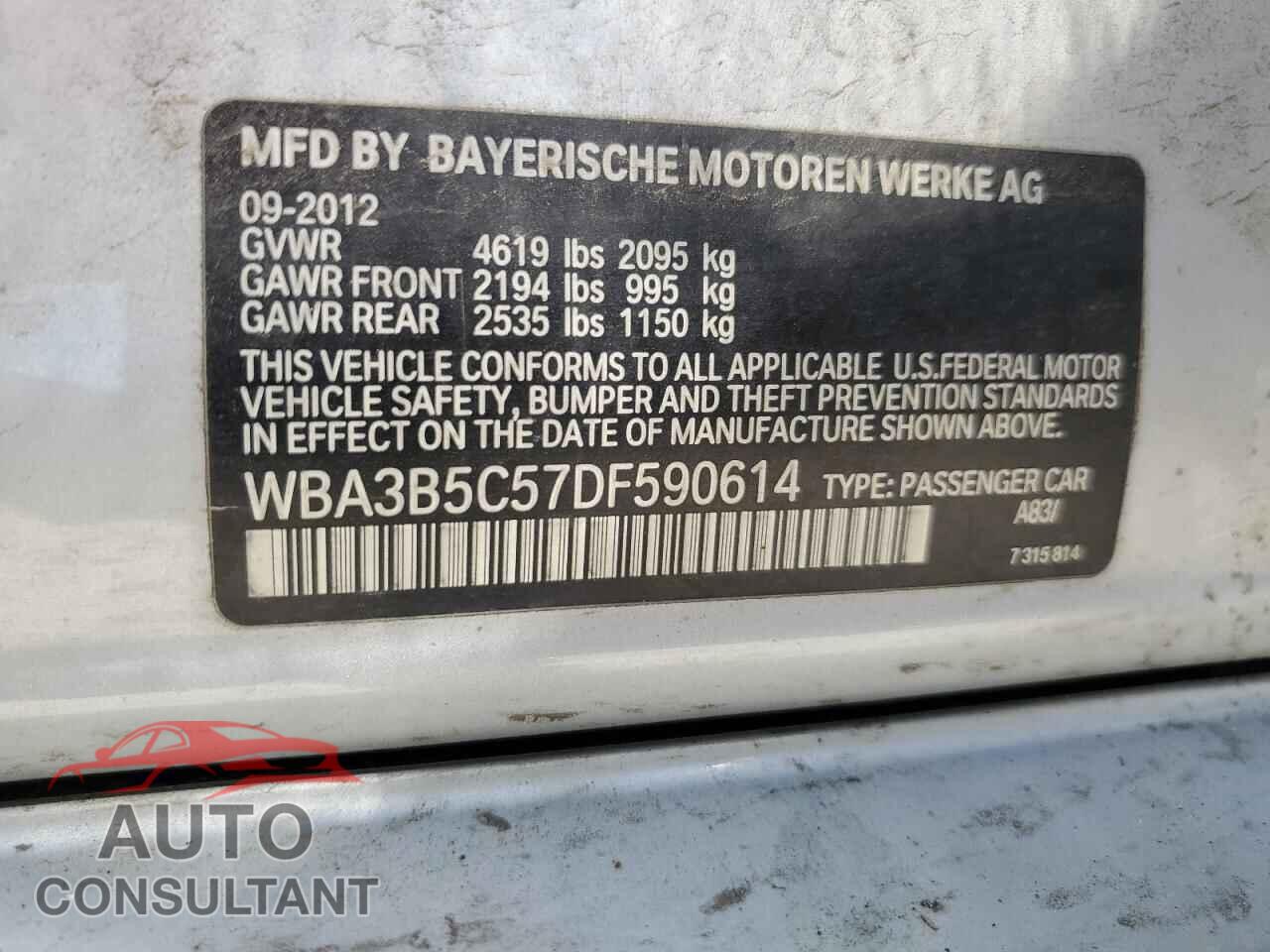 BMW 3 SERIES 2013 - WBA3B5C57DF590614