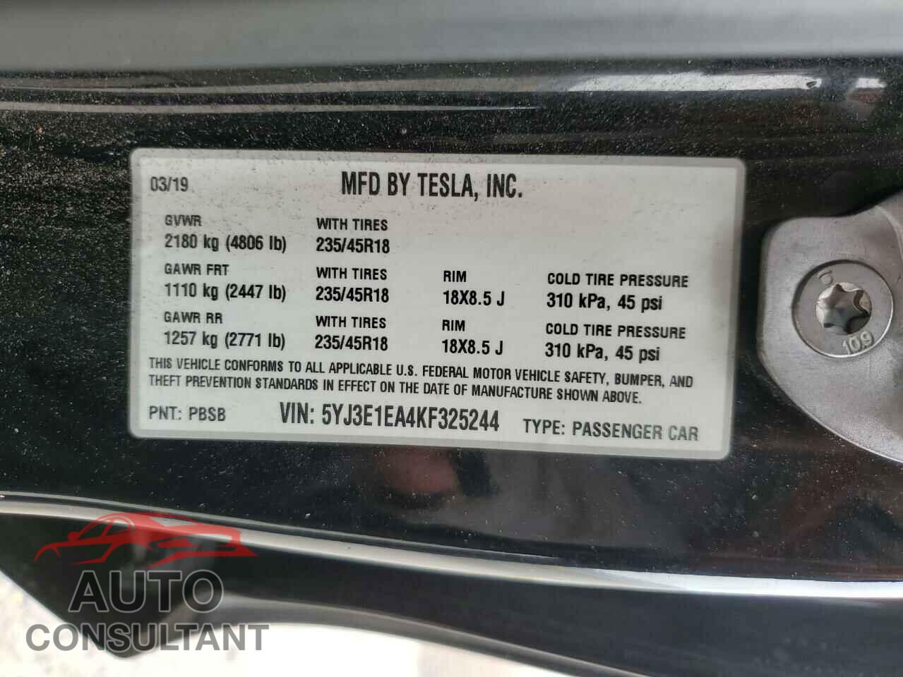 TESLA MODEL 3 2019 - 5YJ3E1EA4KF325244