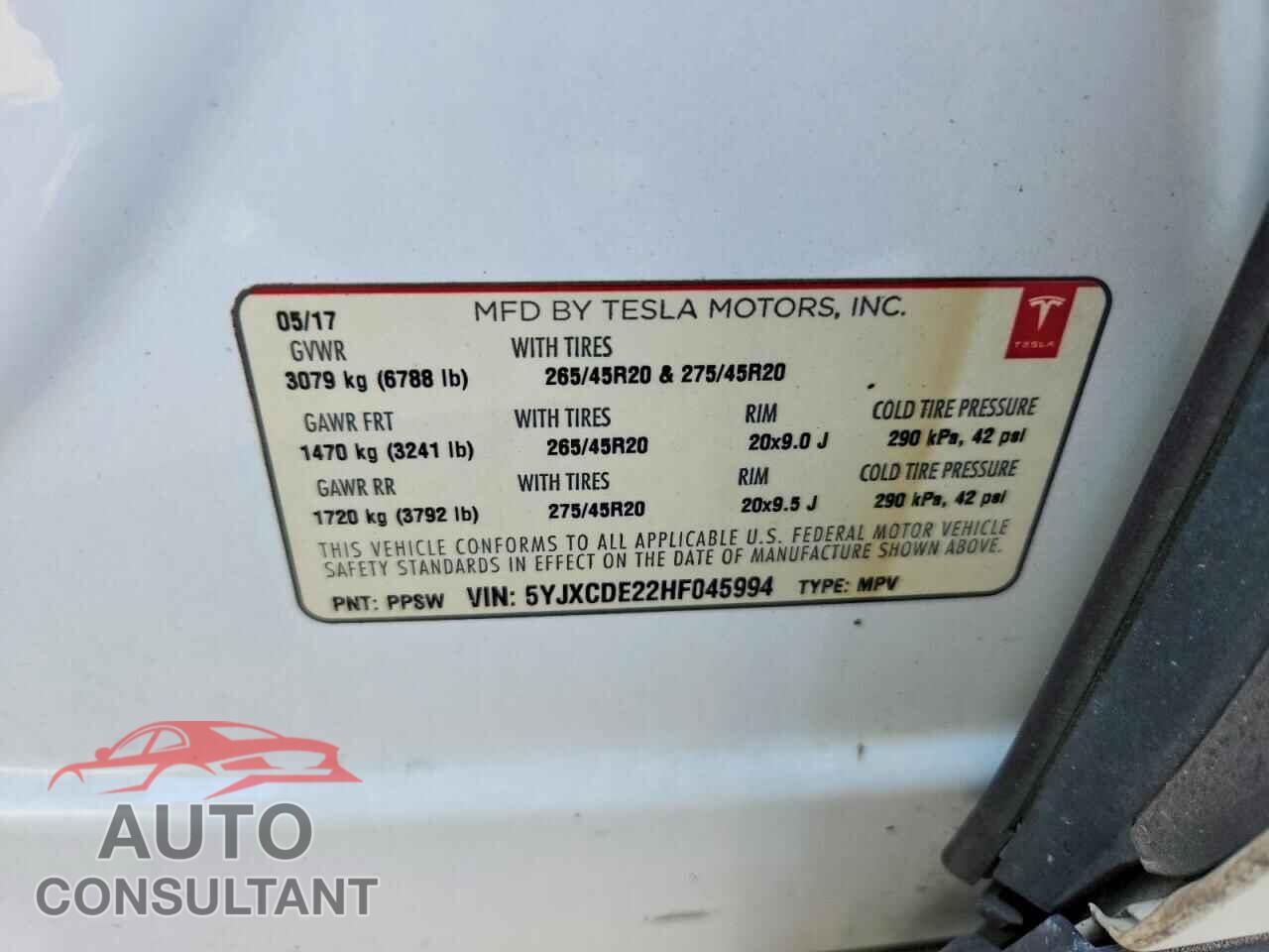 TESLA MODEL X 2017 - 5YJXCDE22HF045994