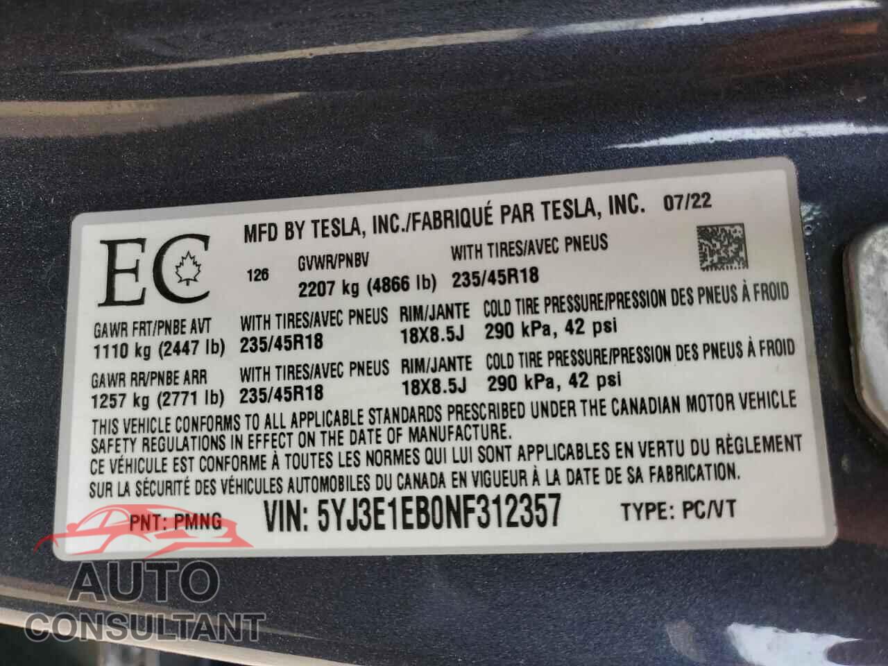 TESLA MODEL 3 2022 - 5YJ3E1EB0NF312357