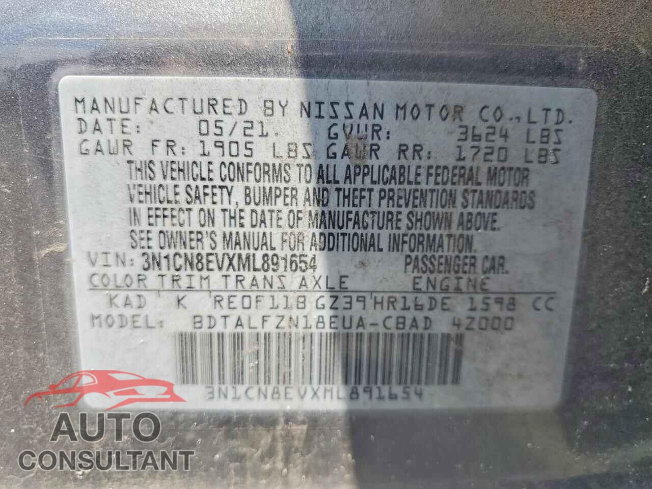 NISSAN VERSA 2021 - 3N1CN8EVXML891654