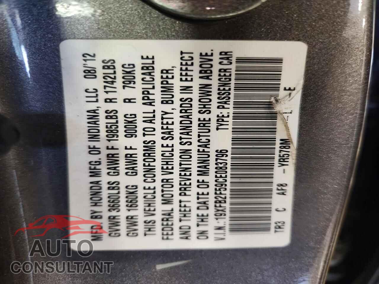 HONDA CIVIC 2012 - 19XFB2F59CE083796