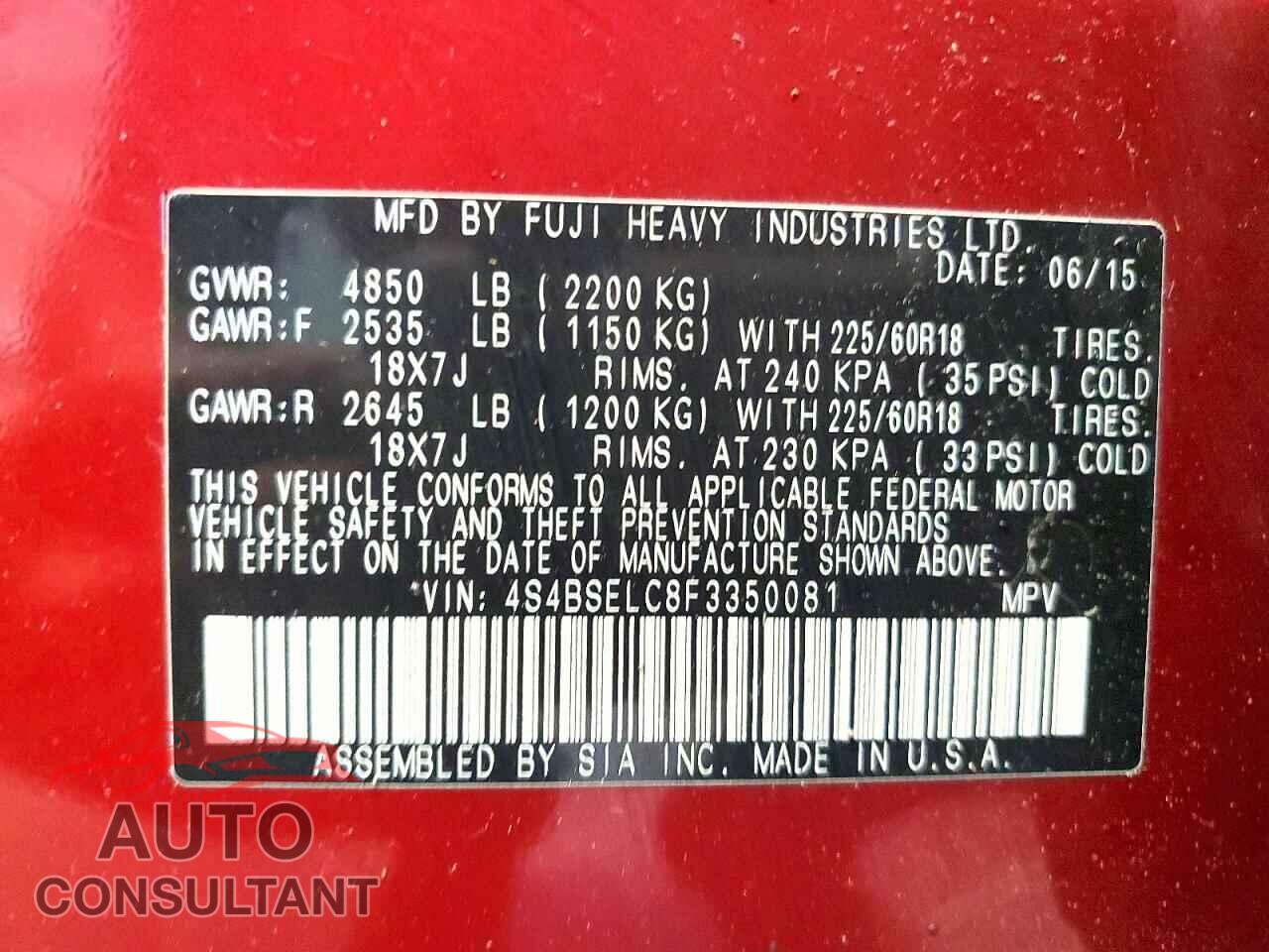 SUBARU OUTBACK 2015 - 4S4BSELC8F3350081