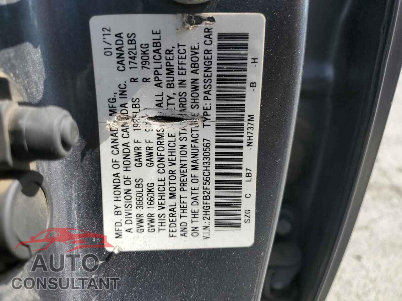 HONDA CIVIC 2012 - 2HGFB2F56CH330567