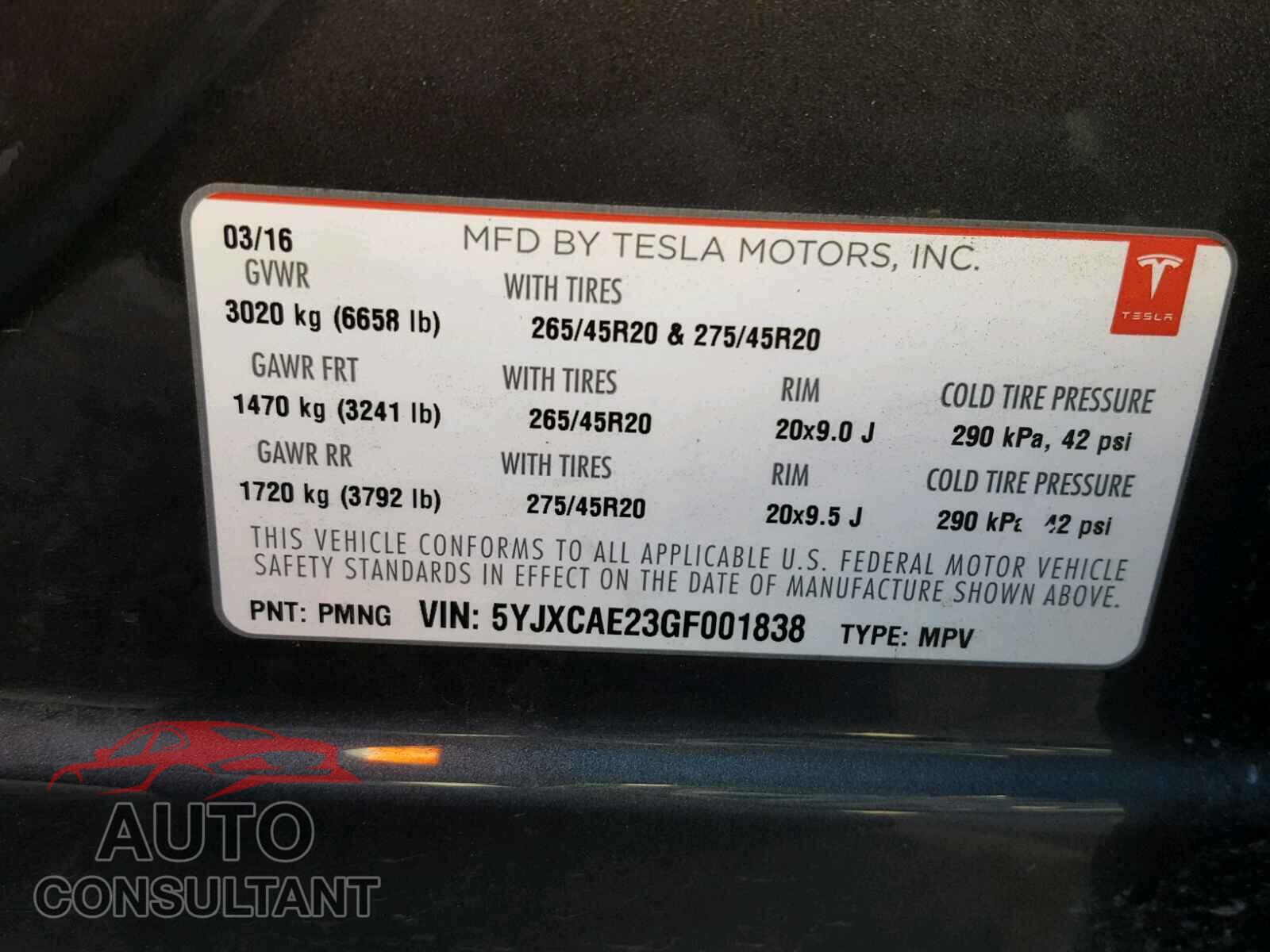 TESLA MODEL X 2016 - 5YJXCAE23GF001838