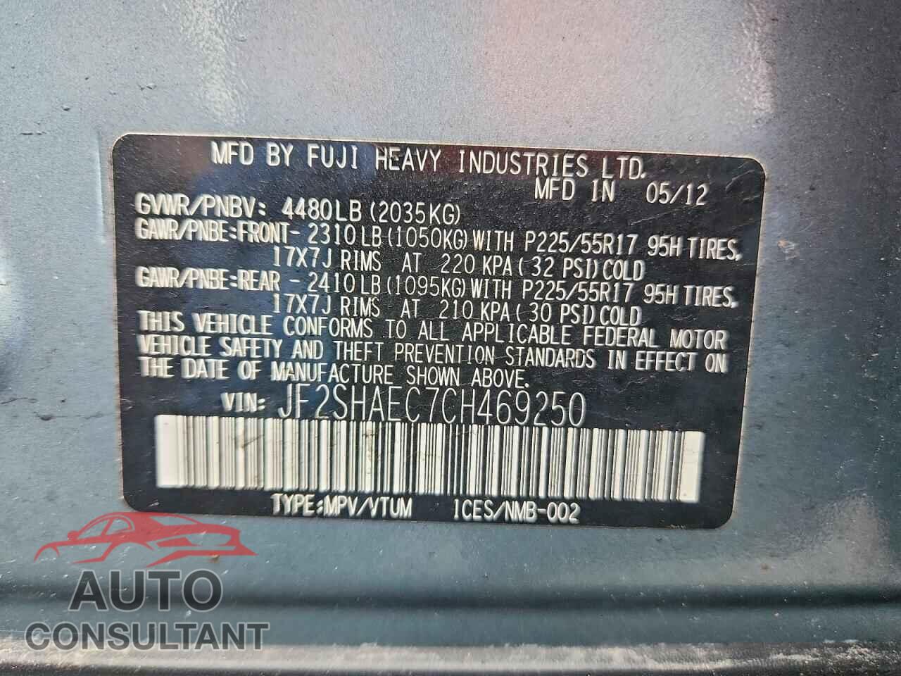 SUBARU FORESTER 2012 - JF2SHAEC7CH469250