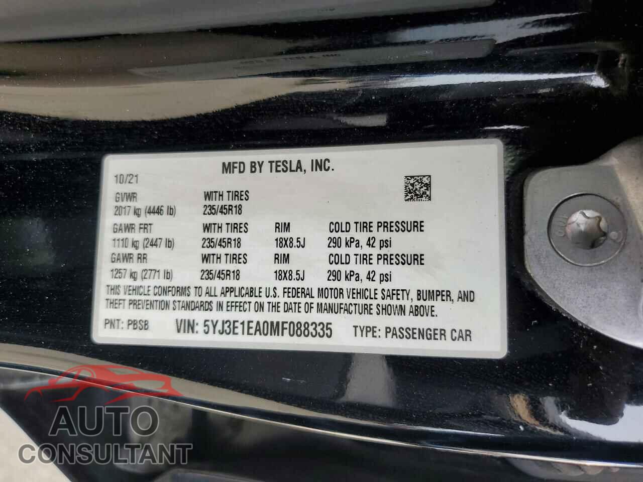 TESLA MODEL 3 2021 - 5YJ3E1EA0MF088335