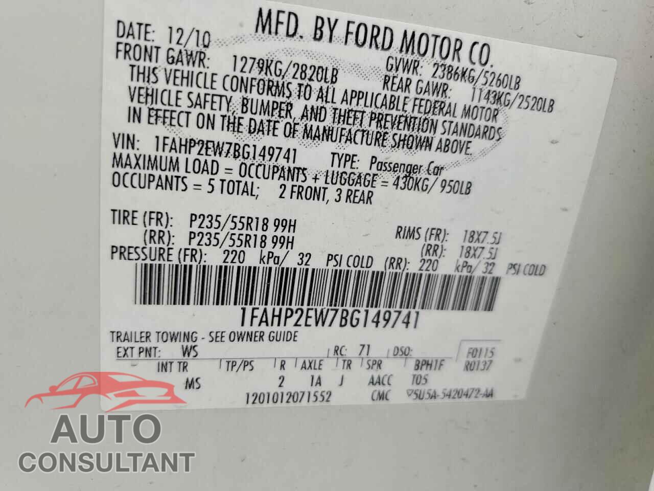 FORD TAURUS 2011 - 1FAHP2EW7BG149741