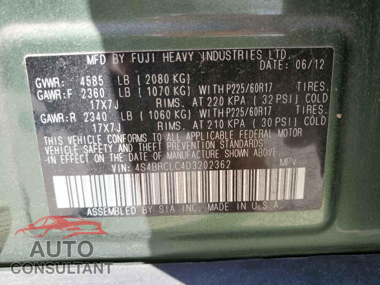 SUBARU OUTBACK 2013 - 4S4BRCLC4D3202362