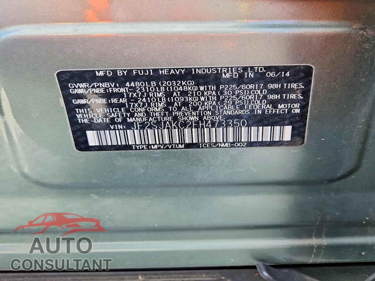 SUBARU FORESTER 2015 - JF2SJAKC2FH473350