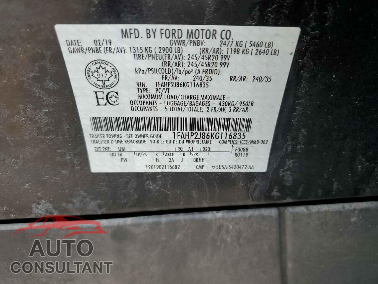 FORD TAURUS 2019 - 1FAHP2J86KG116835