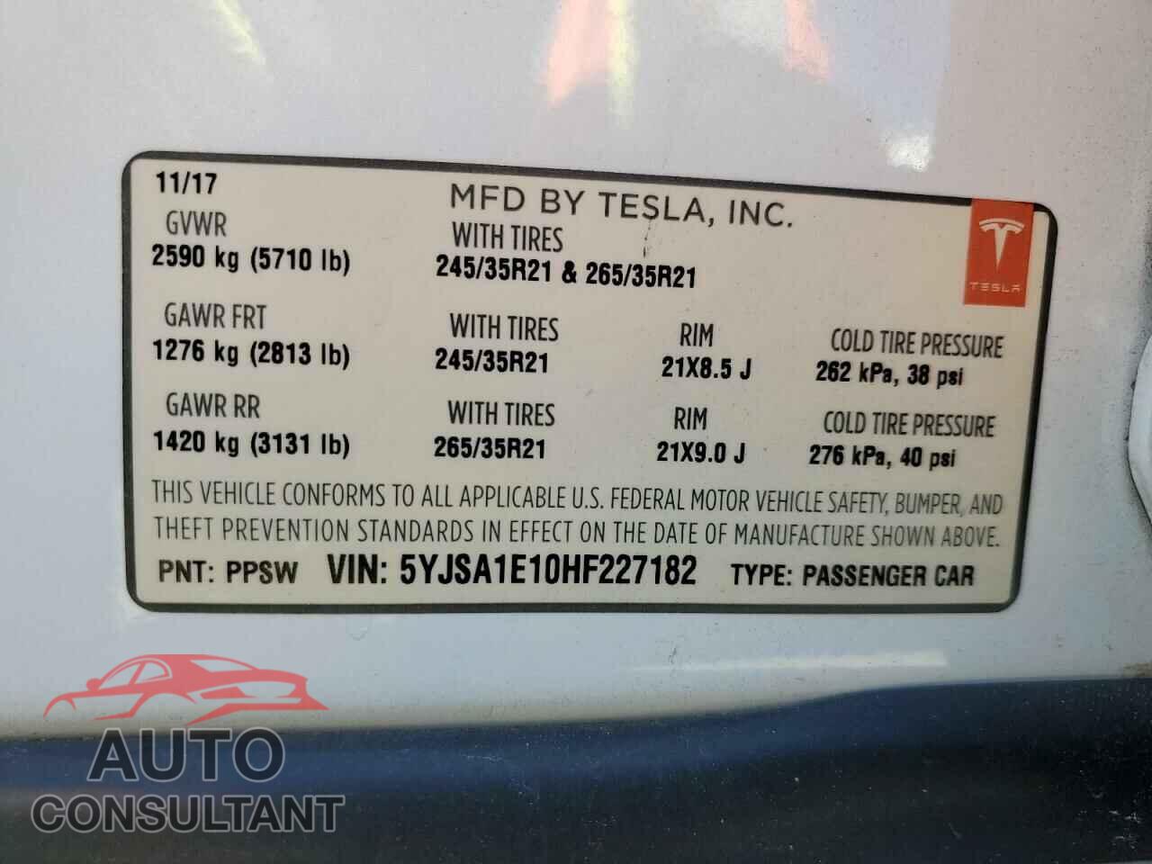TESLA MODEL S 2017 - 5YJSA1E10HF227182
