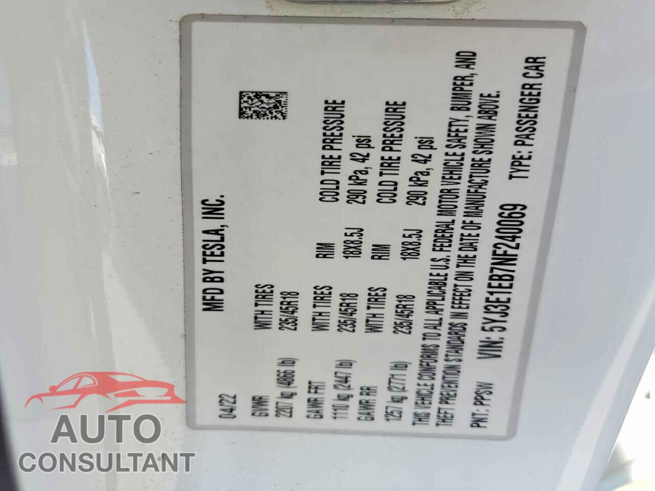 TESLA MODEL 3 2022 - 5YJ3E1EB7NF240069