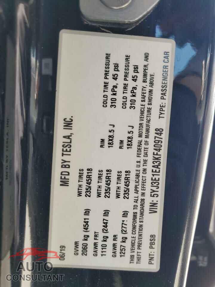 TESLA MODEL 3 2019 - 5YJ3E1EA3KF409748