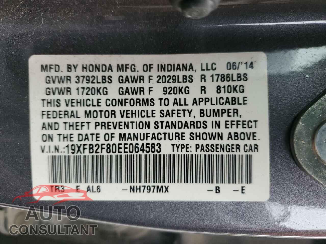 HONDA CIVIC 2014 - 19XFB2F80EE064583