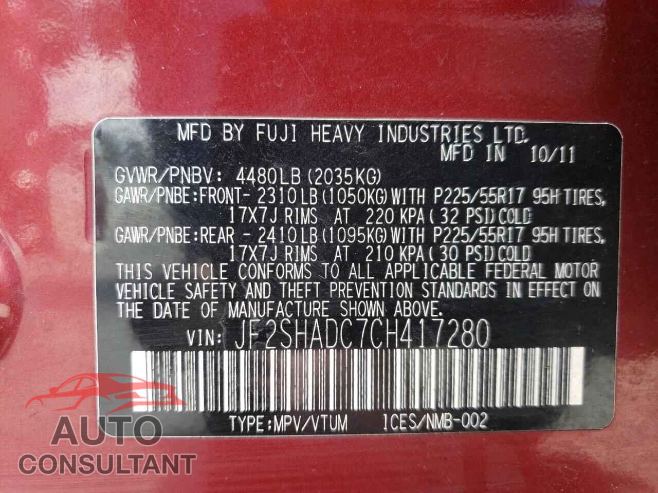 SUBARU FORESTER 2012 - JF2SHADC7CH417280