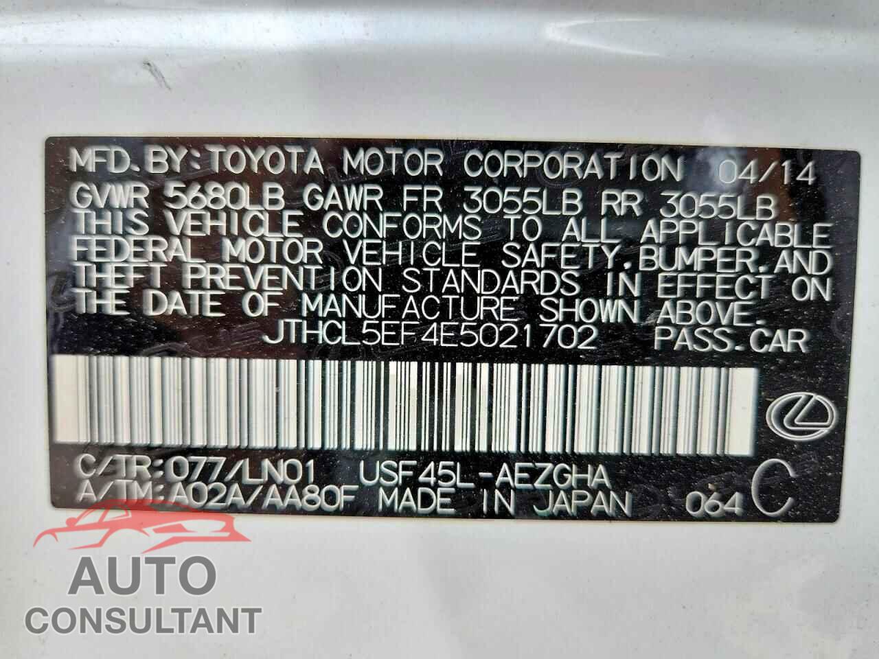 LEXUS LS460 2014 - JTHCL5EF4E5021702
