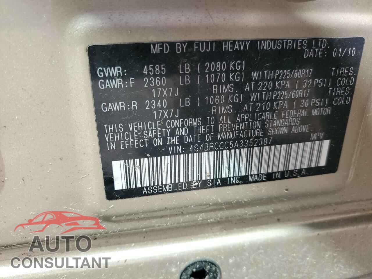 SUBARU OUTBACK 2010 - 4S4BRCGC5A3352387