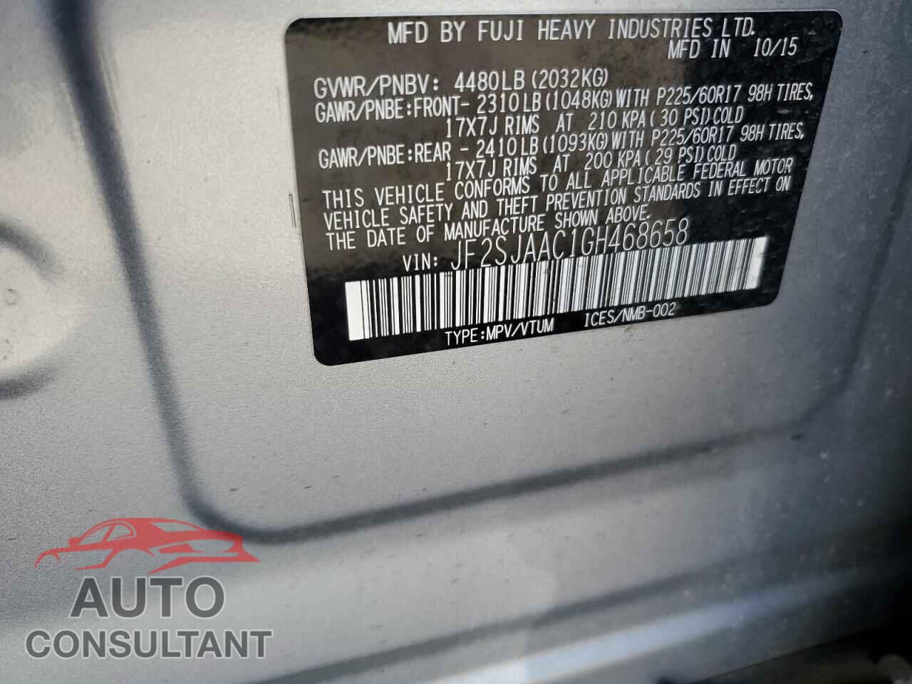 SUBARU FORESTER 2016 - JF2SJAAC1GH468658