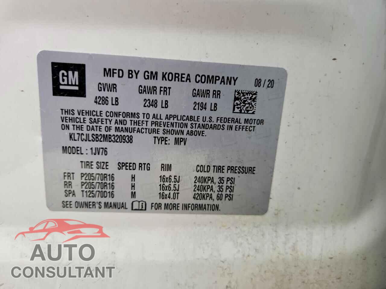 CHEVROLET TRAX 2021 - KL7CJLSB2MB320938