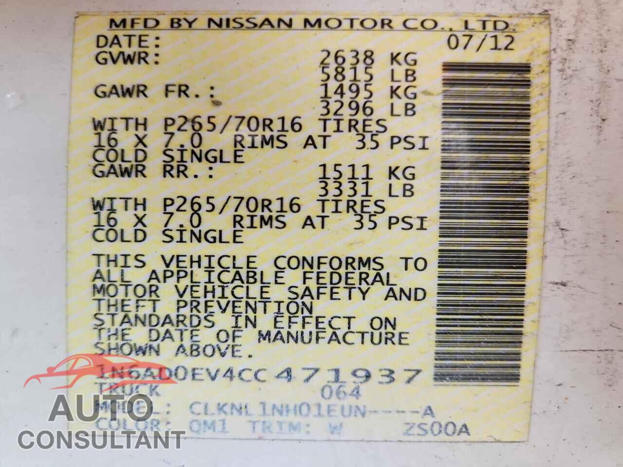 NISSAN FRONTIER 2012 - 1N6AD0EV4CC471937