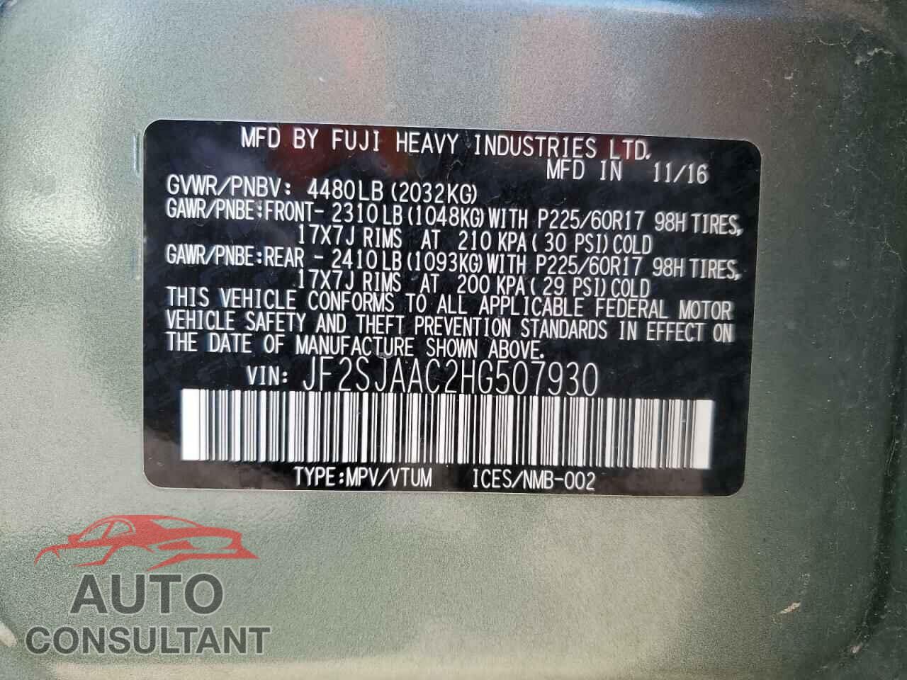 SUBARU FORESTER 2017 - JF2SJAAC2HG507930
