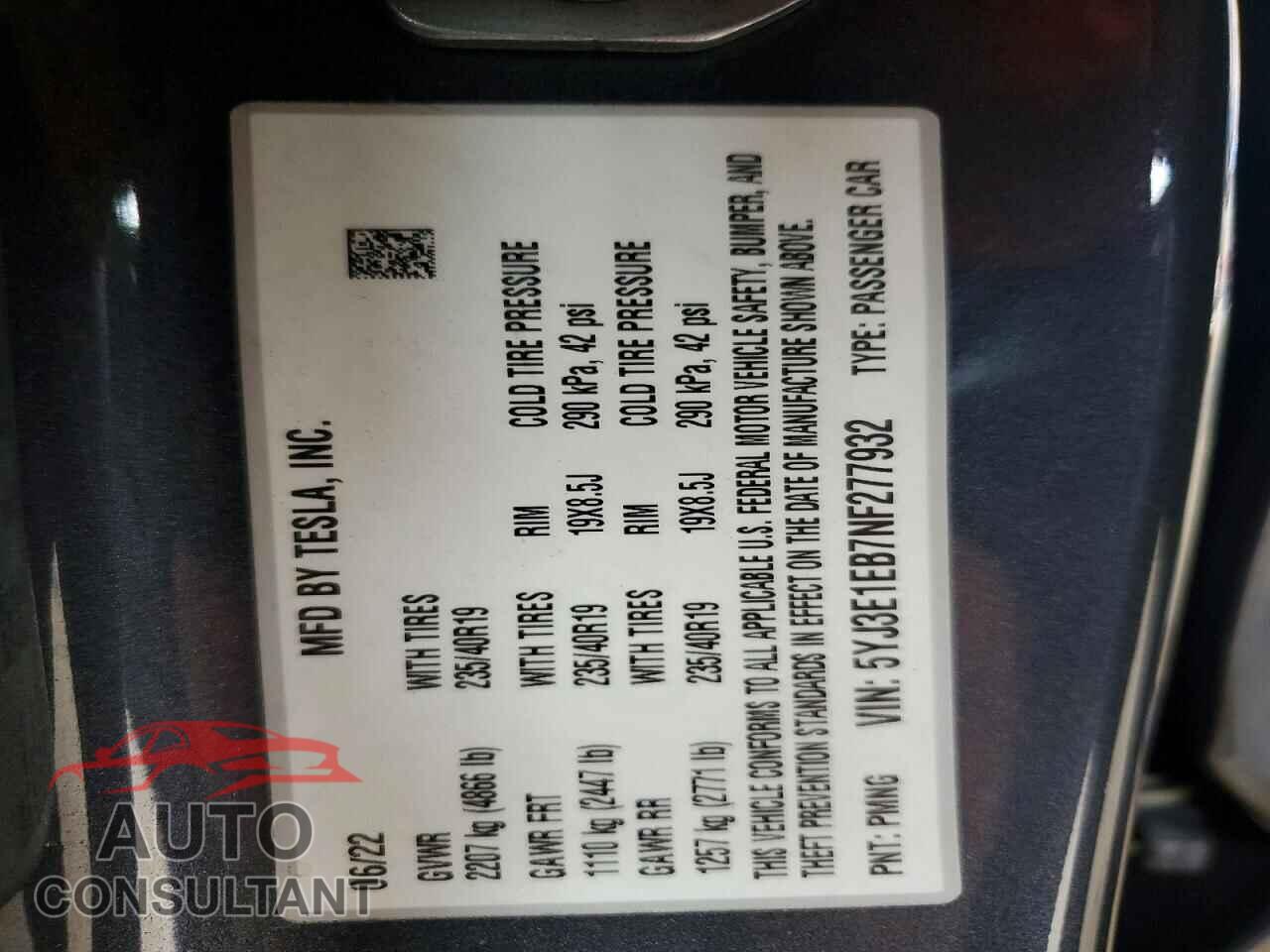 TESLA MODEL 3 2022 - 5YJ3E1EB7NF277932