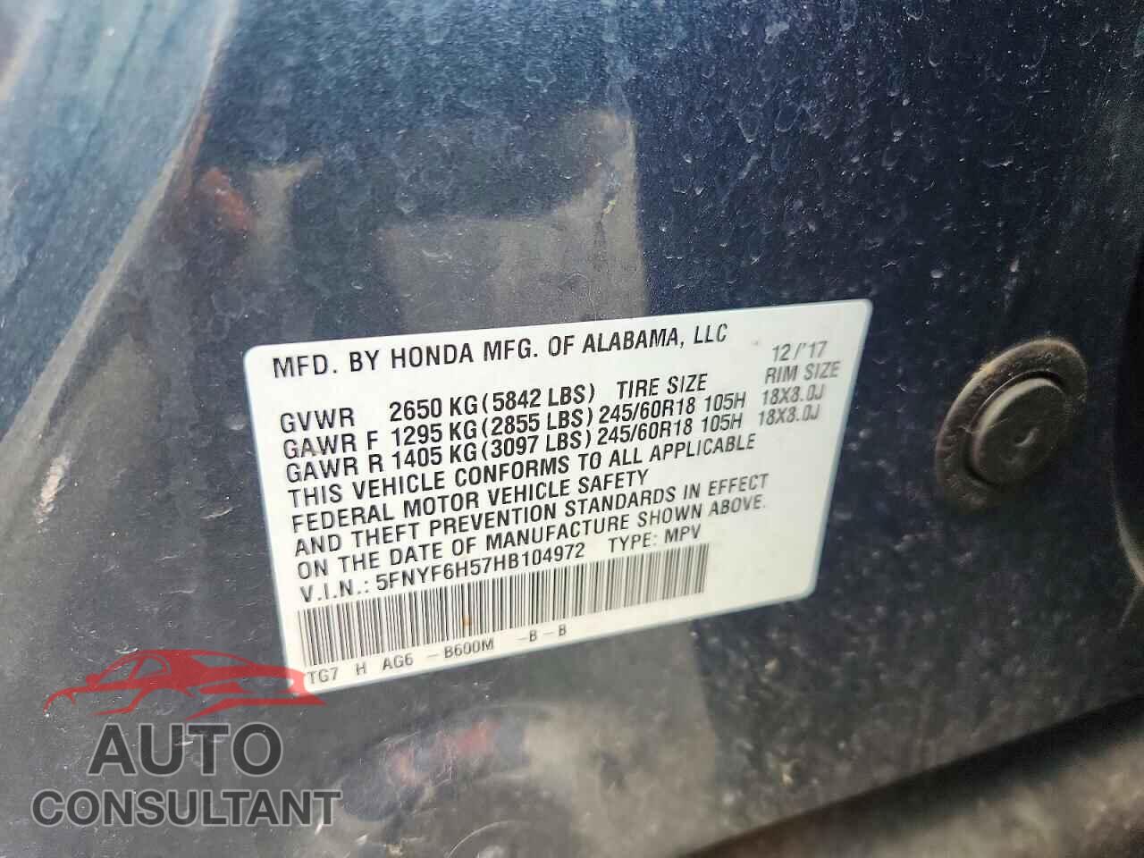 HONDA PILOT 2017 - 5FNYF6H57HB104972