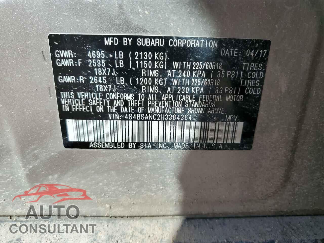 SUBARU OUTBACK 2017 - 4S4BSANC2H3384364