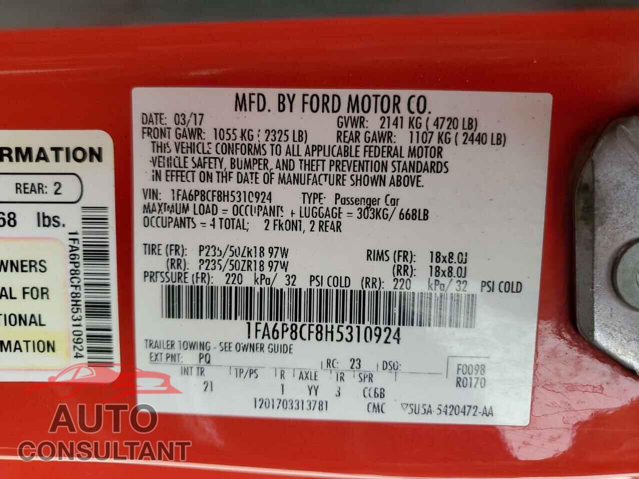 FORD MUSTANG 2017 - 1FA6P8CF8H5310924